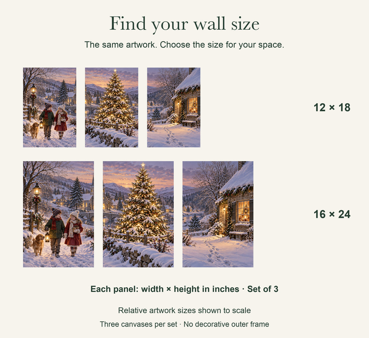The Tree That Lit Up Winter — Christmas Panel Set Canvas Wall Art, 3-Piece, Unframed — artwork size comparison, width × height in inches, dimensions per panel, set of 3 — Image 9