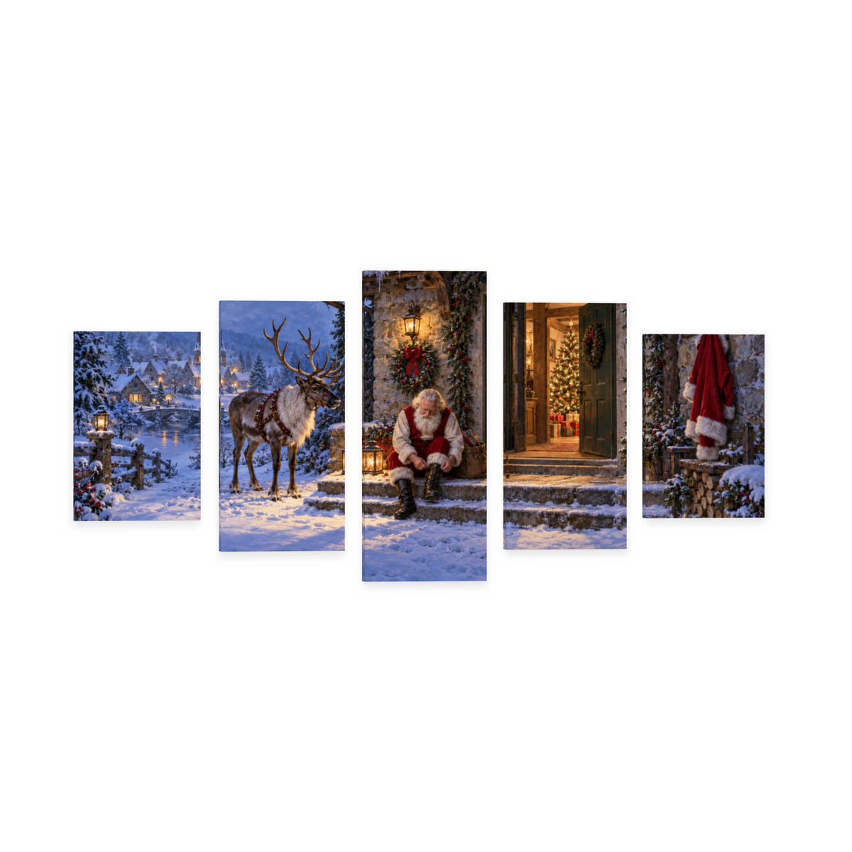 One Minute Before Departure — Christmas Panel Set Canvas Wall Art, 5-Piece, Unframed — Complete unframed canvas