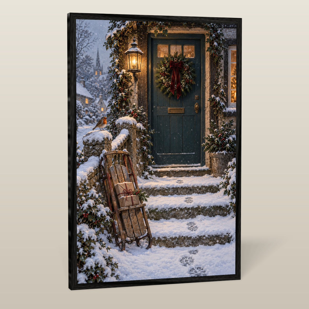 Snowy Homecoming — Black Wood Framed Christmas Canvas Wall Art — Complete black wood framed canvas — Image 1