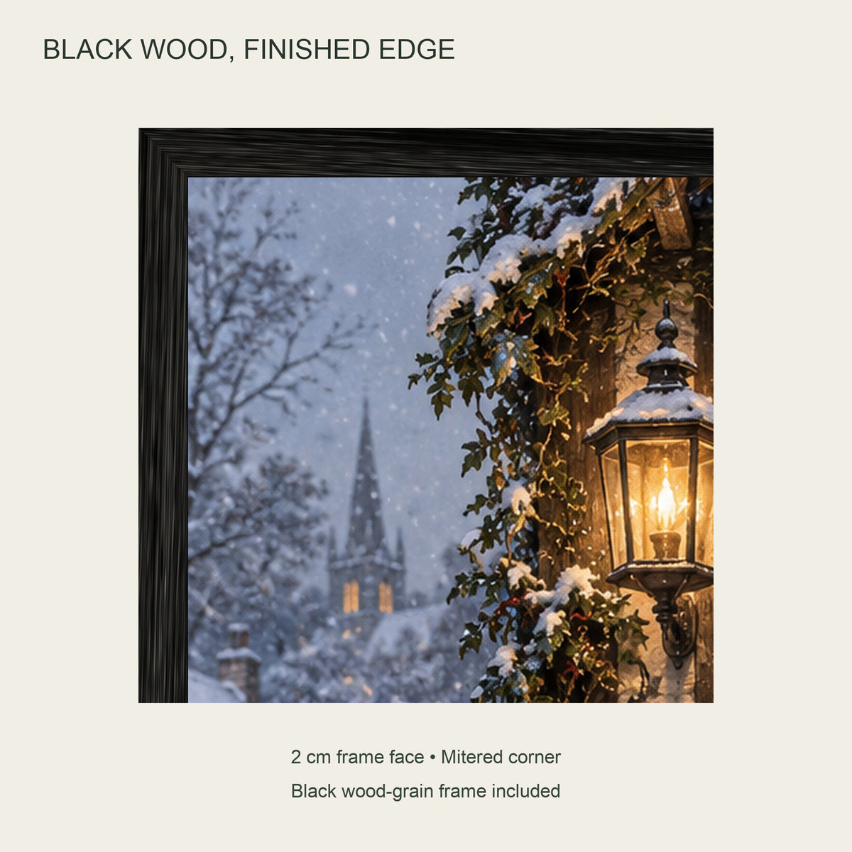 Snowy Homecoming — Black Wood Framed Christmas Canvas Wall Art — Black wood-grain frame corner — Image 7