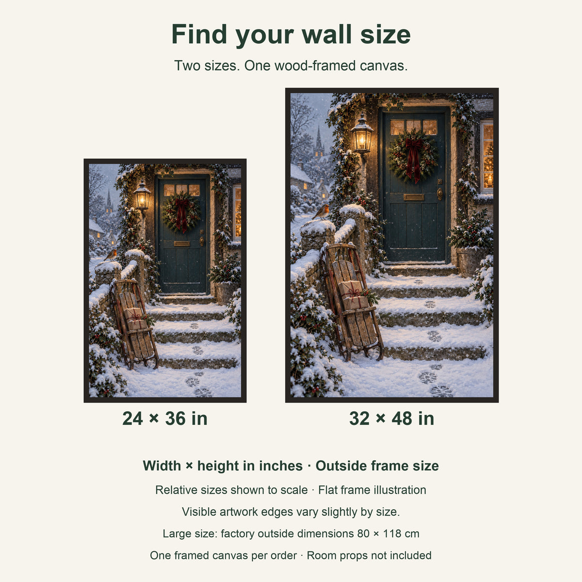 Snowy Homecoming — Black Wood Framed Christmas Canvas Wall Art — artwork size comparison, width × height in inches — Image 9