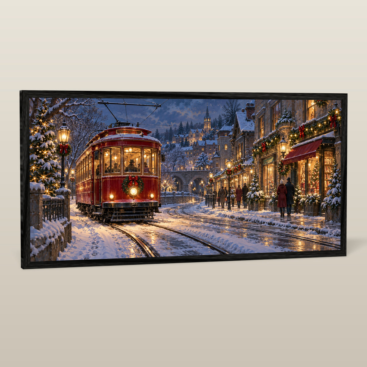 The Christmas Streetcar — Black Wood Framed Christmas Canvas Wall Art — Complete black wood framed canvas — Image 1
