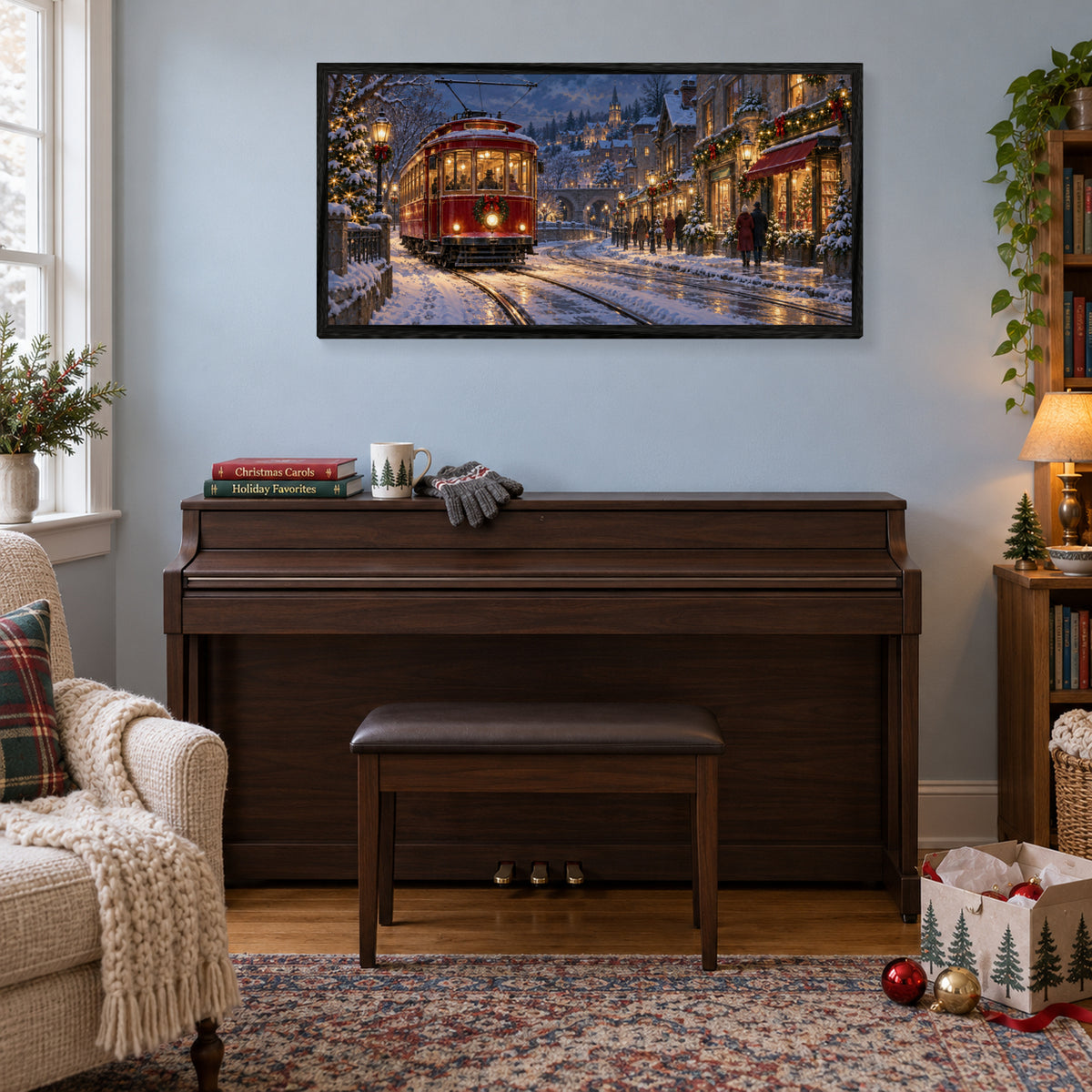 The Christmas Streetcar — Black Wood Framed Christmas Canvas Wall Art — Holiday lifestyle scene 2 — Image 3