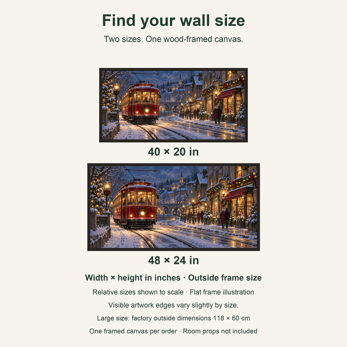 The Christmas Streetcar — Black Wood Framed Christmas Canvas Wall Art — artwork size comparison, width × height in inches — Image 9