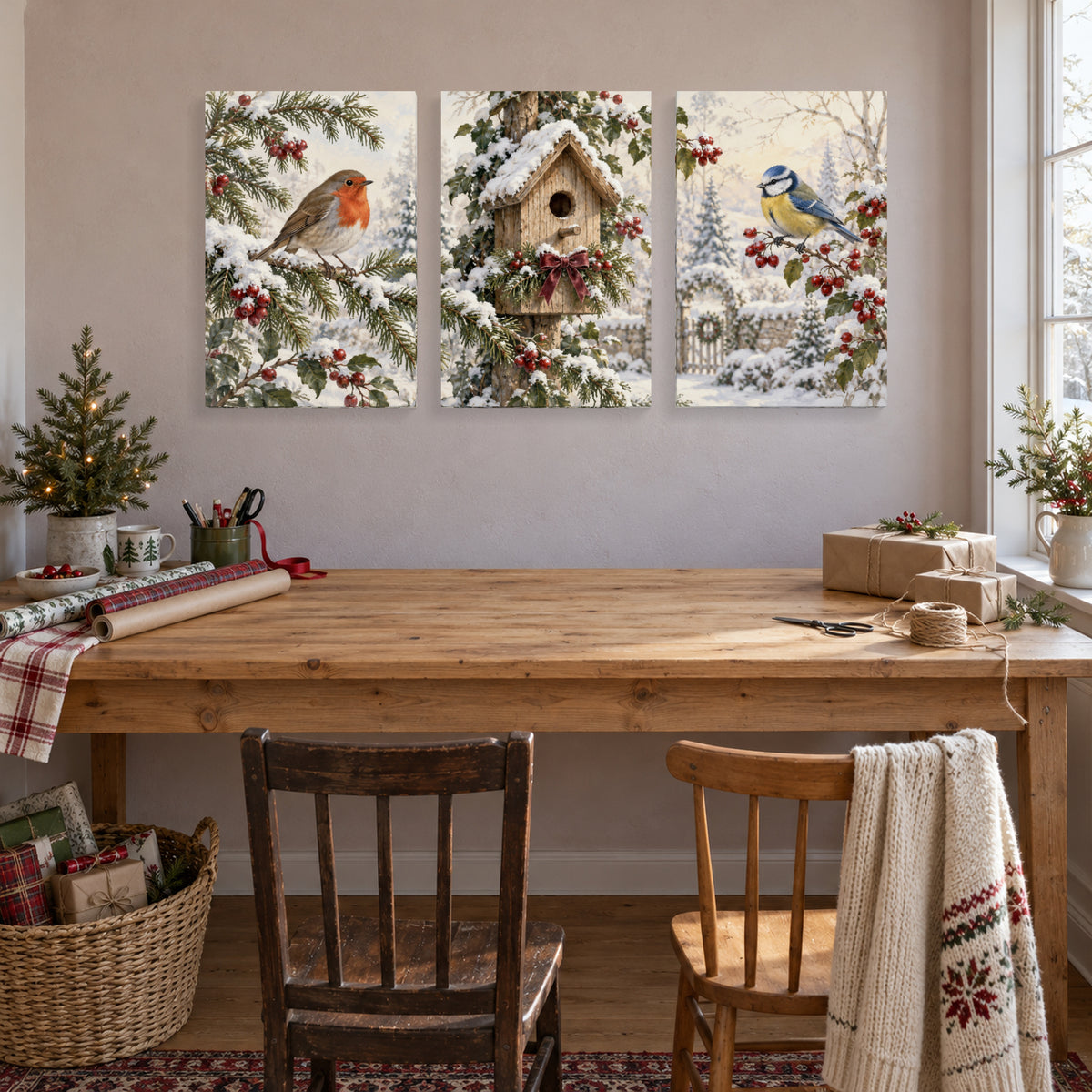 Visitors at the Winter Birdhouse — 3-Piece Christmas Canvas Wall Art Set — Holiday lifestyle scene 2 — Image 3