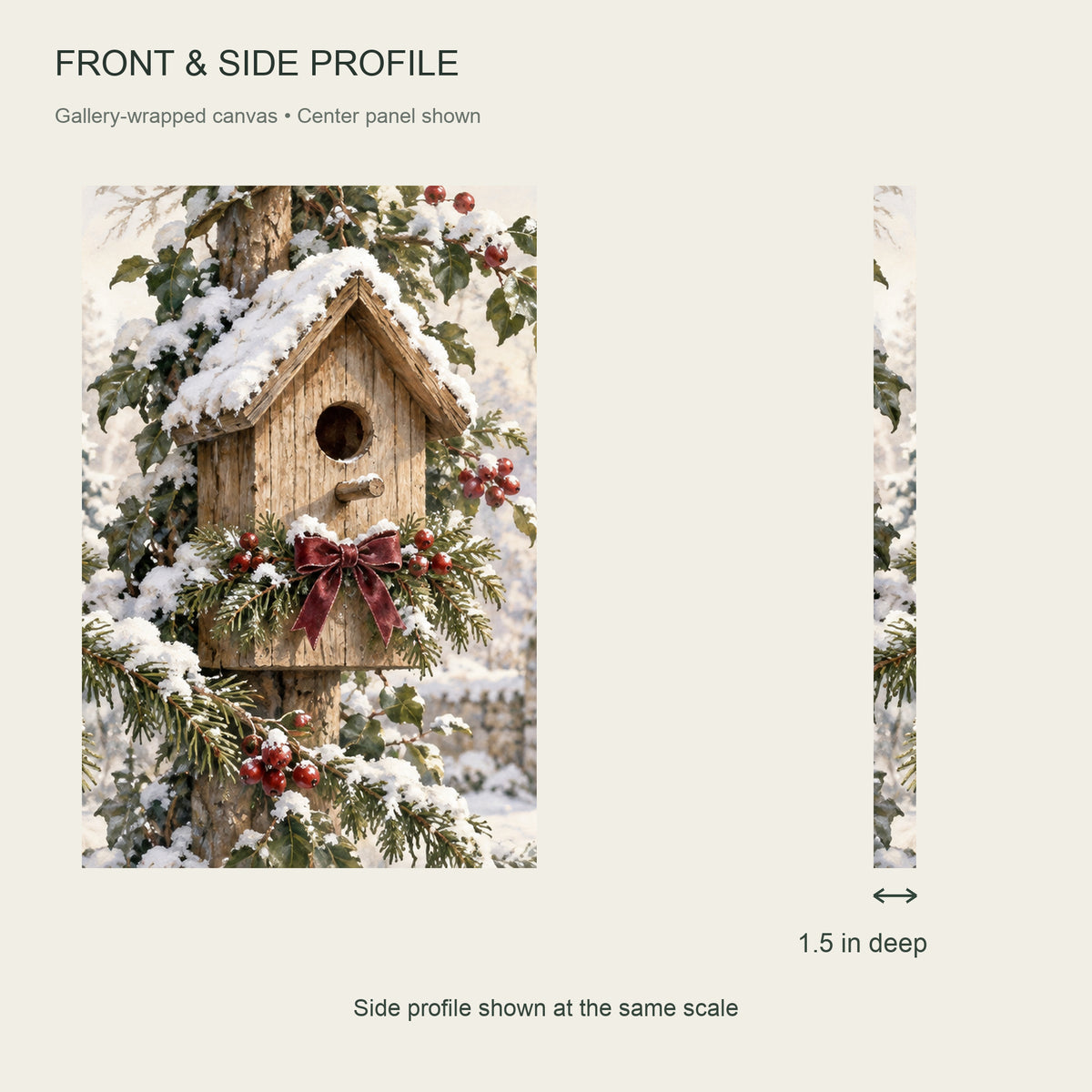 Visitors at the Winter Birdhouse — 3-Piece Christmas Canvas Wall Art Set — Front and side profile — Image 6