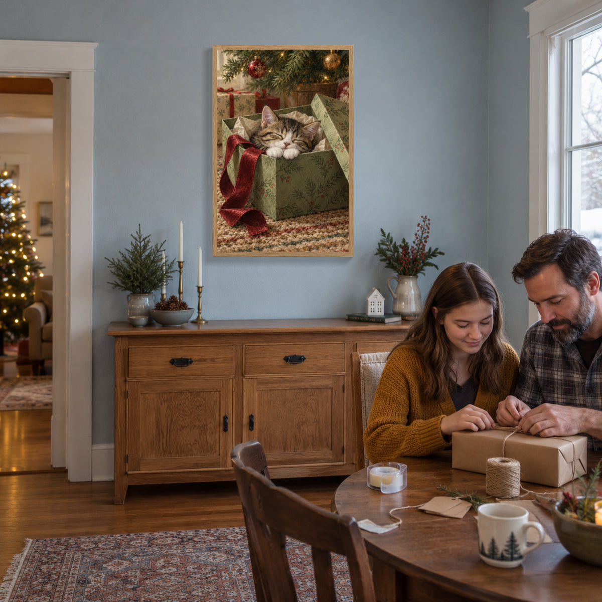 A Purr Inside the Present — Light Wood Framed Christmas Canvas Wall Art — Wrapping presents together — Image 2