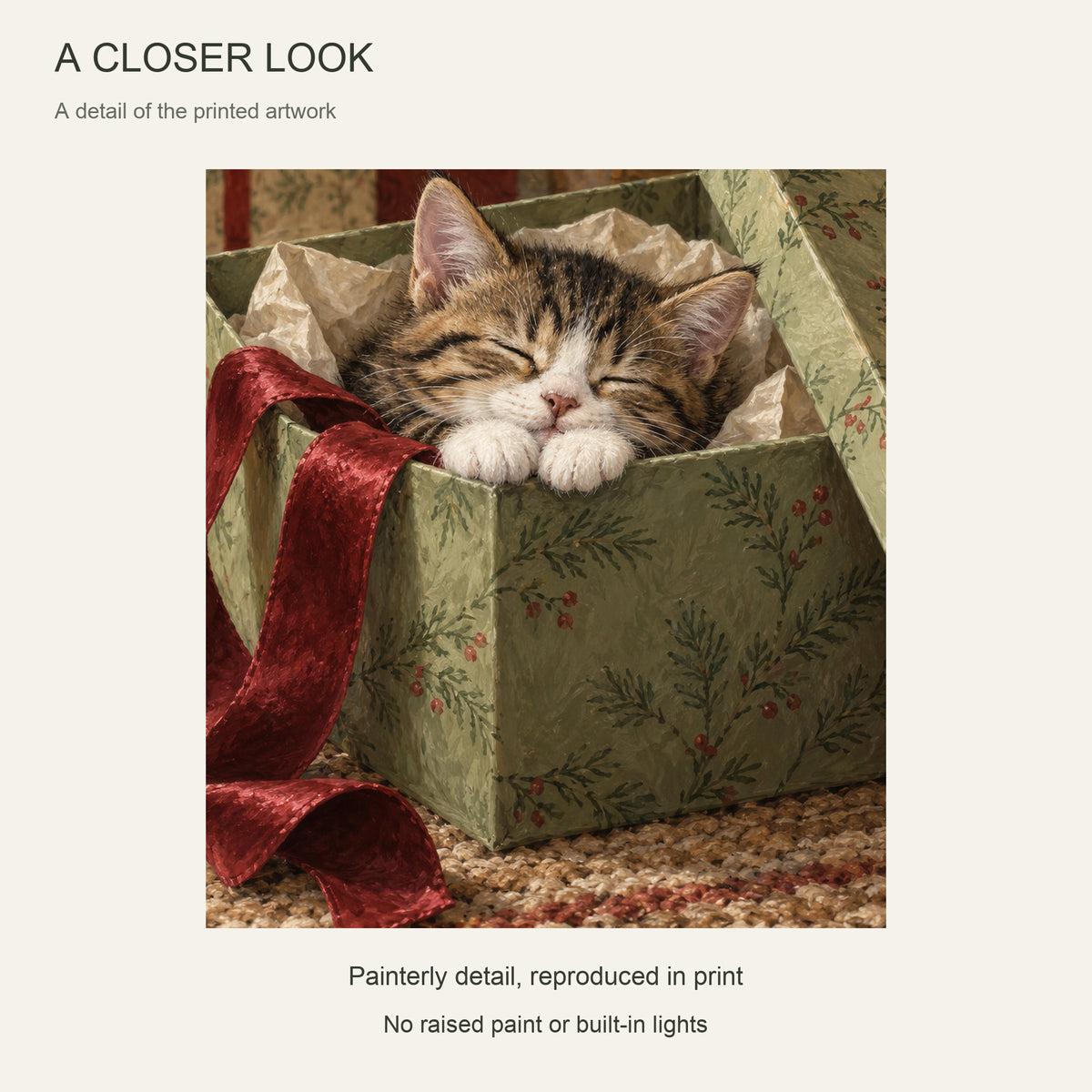 A Purr Inside the Present — Light Wood Framed Christmas Canvas Wall Art — Printed artwork close-up — Image 4