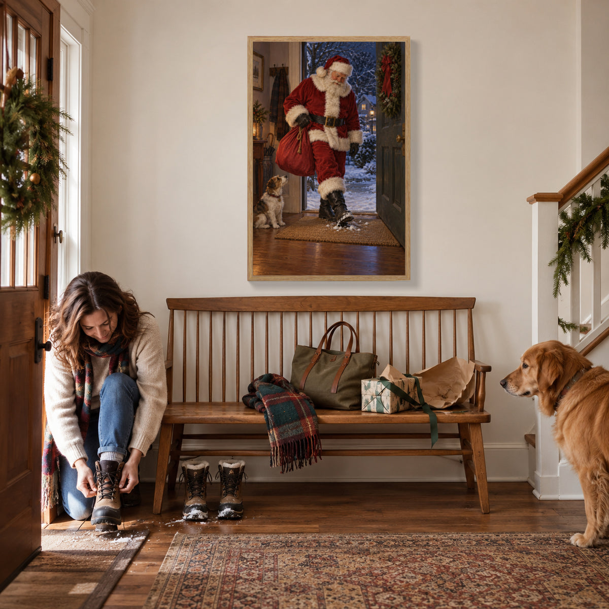 Even Santa Wipes His Boots — Light Wood Framed Christmas Canvas Wall Art — Entryway prepared for guests — Image 1