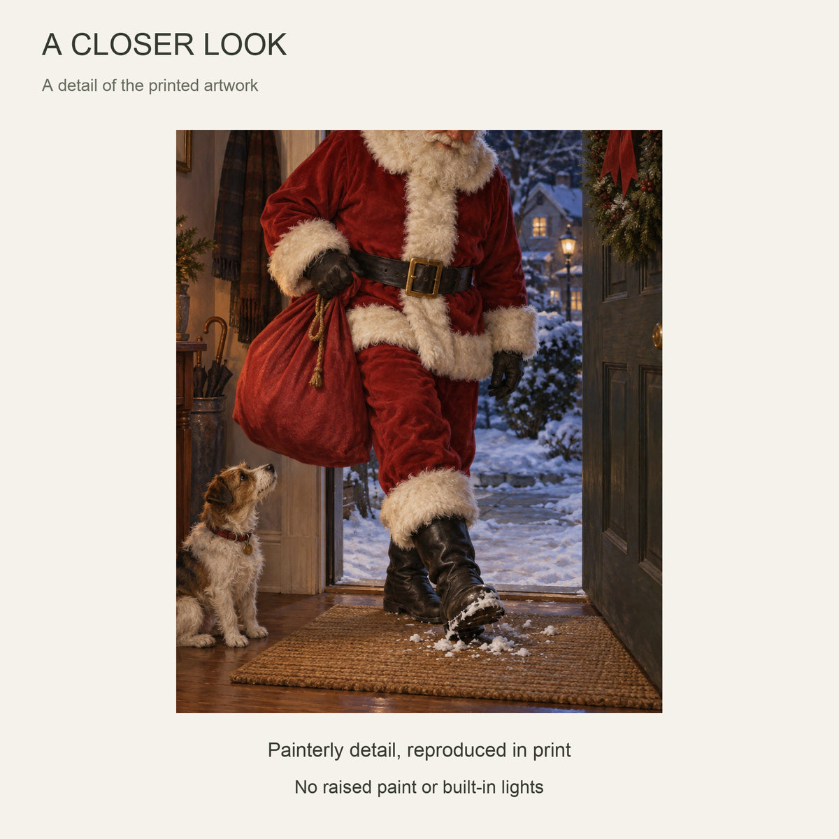 Even Santa Wipes His Boots — Light Wood Framed Christmas Canvas Wall Art — Printed artwork close-up — Image 4