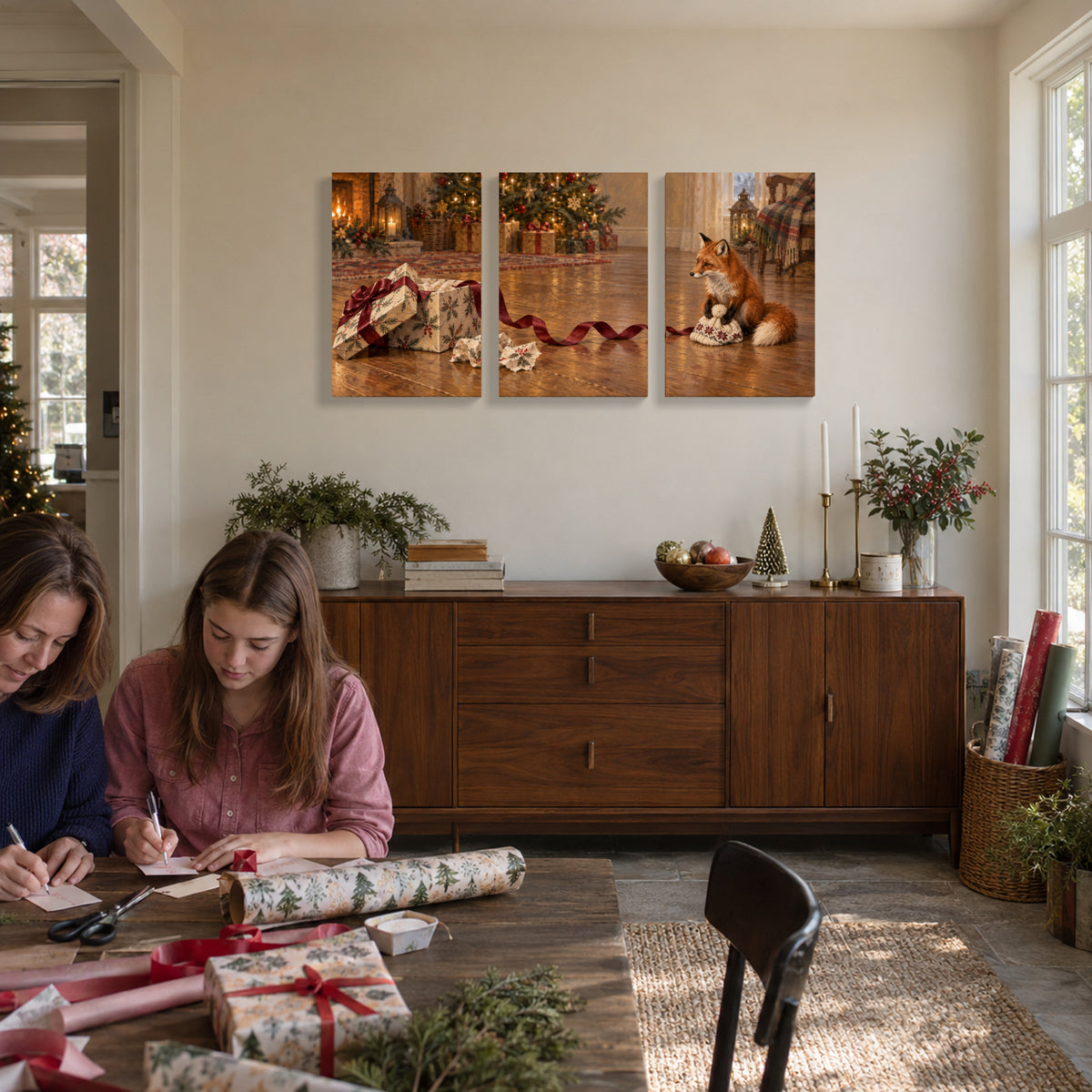 Who Opened the Present First? — 3-Piece Christmas Canvas Wall Art Set — Writing gift cards together — Image 2