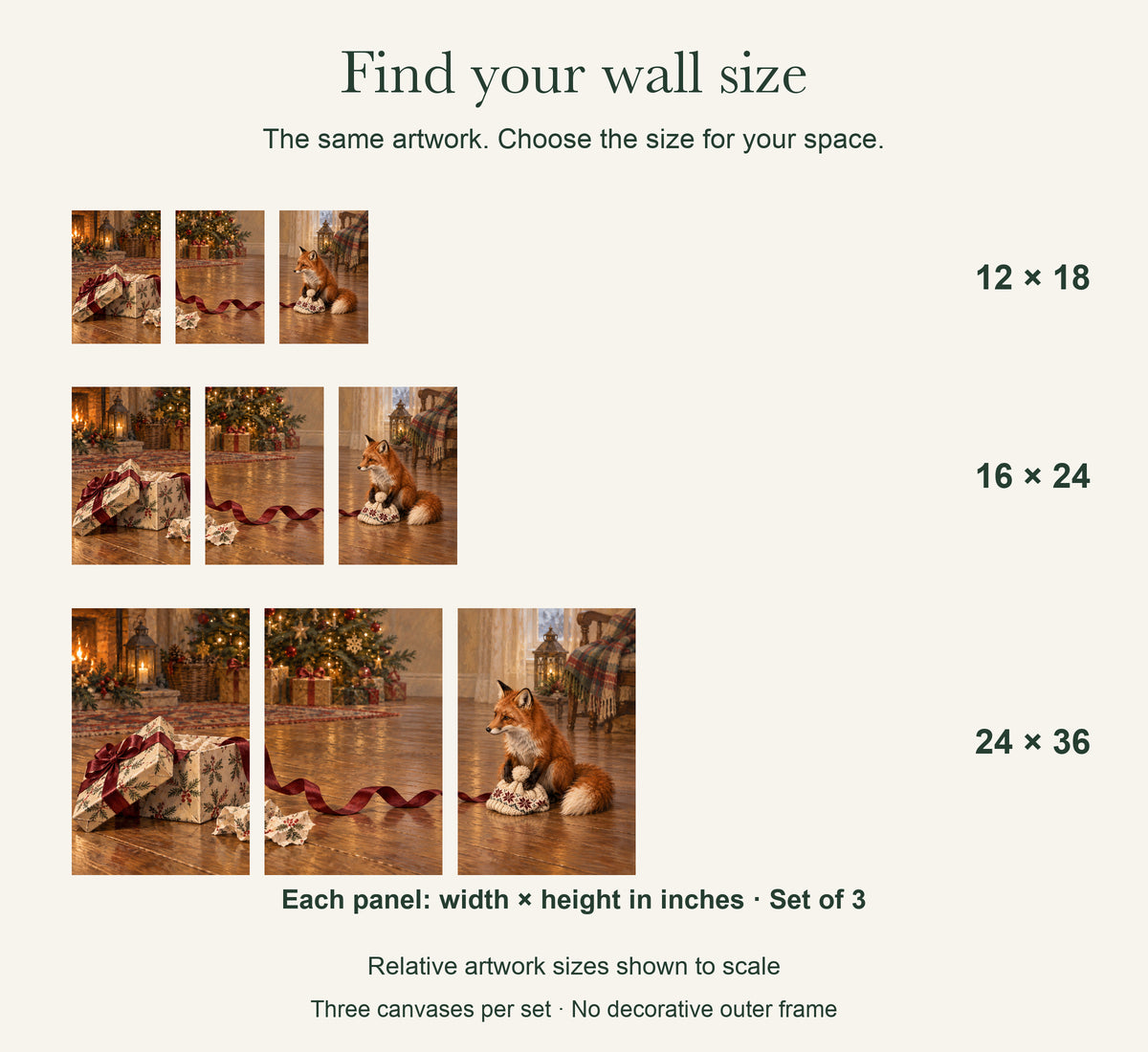 Who Opened the Present First? — 3-Piece Christmas Canvas Wall Art Set — artwork size comparison, width × height in inches, dimensions per panel, set of 3 — Image 8