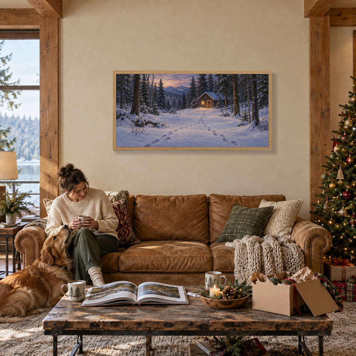 A Light Kept On for You — Light Wood Framed Christmas Canvas Wall Art — A winter afternoon with the family dog — Image 1