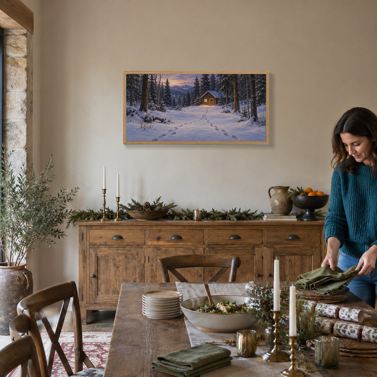 A Light Kept On for You — Light Wood Framed Christmas Canvas Wall Art — Setting the holiday table — Image 3