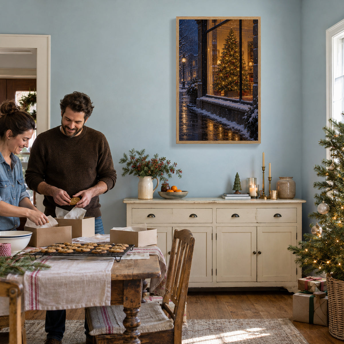 The Tree in the Snowy Window — Light Wood Framed Christmas Canvas Wall Art — Packing cookies for neighbors — Image 2