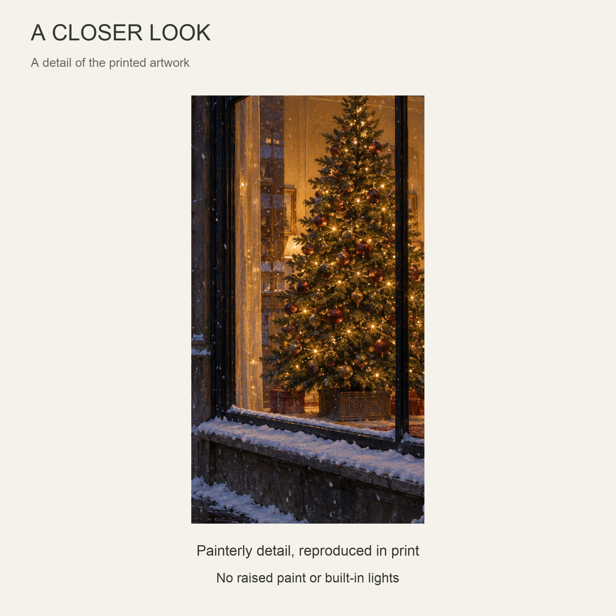 The Tree in the Snowy Window — Light Wood Framed Christmas Canvas Wall Art — Printed artwork close-up — Image 4