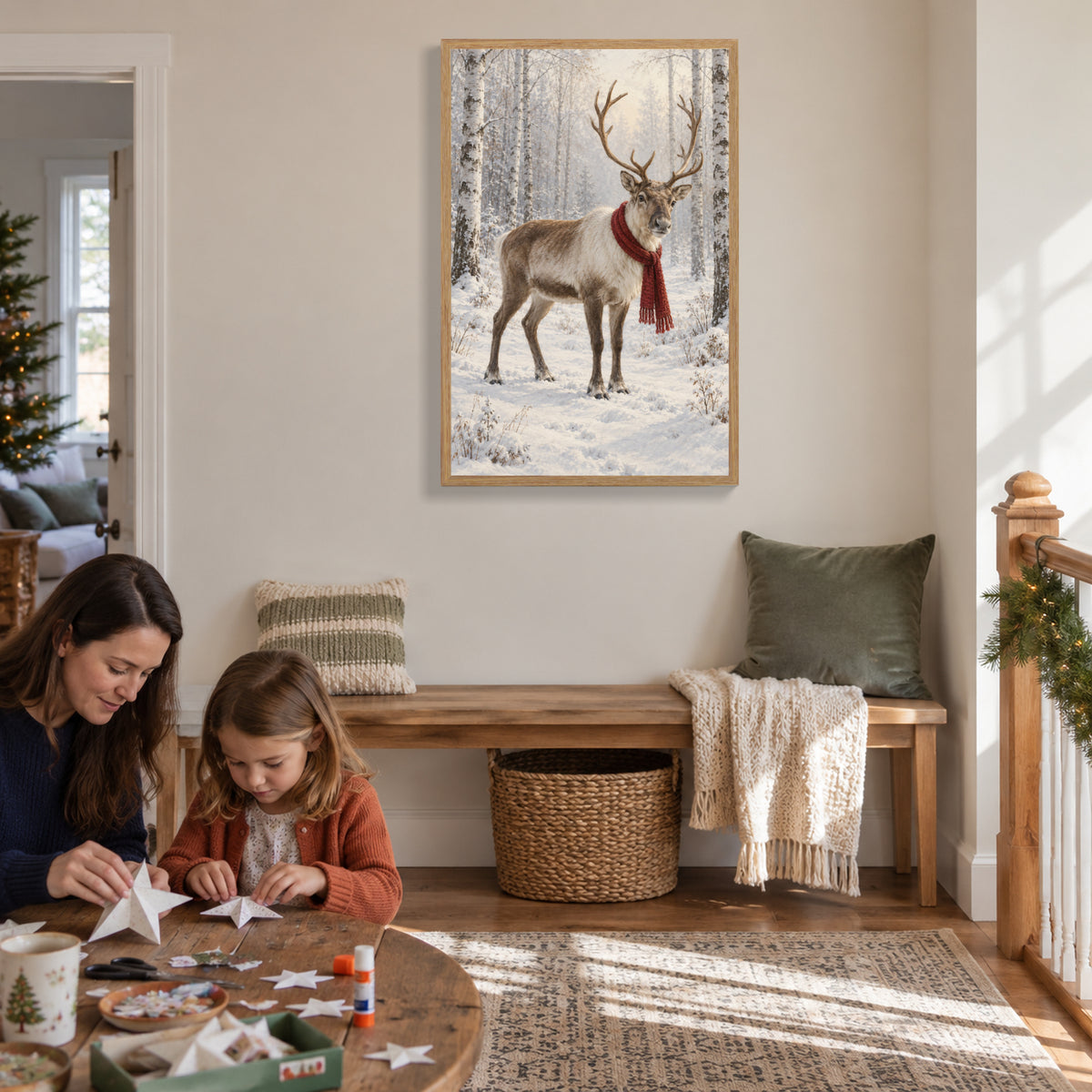 A Red Scarf in the White Woods — Light Wood Framed Christmas Canvas Wall Art — Making paper stars together — Image 2