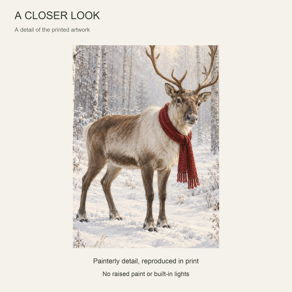 A Red Scarf in the White Woods — Light Wood Framed Christmas Canvas Wall Art — Printed artwork close-up — Image 4
