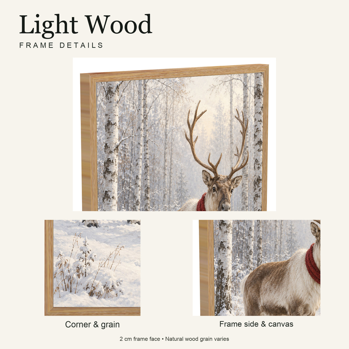 A Red Scarf in the White Woods — Light Wood Framed Christmas Canvas Wall Art — Light natural wood frame corner and grain — Image 6