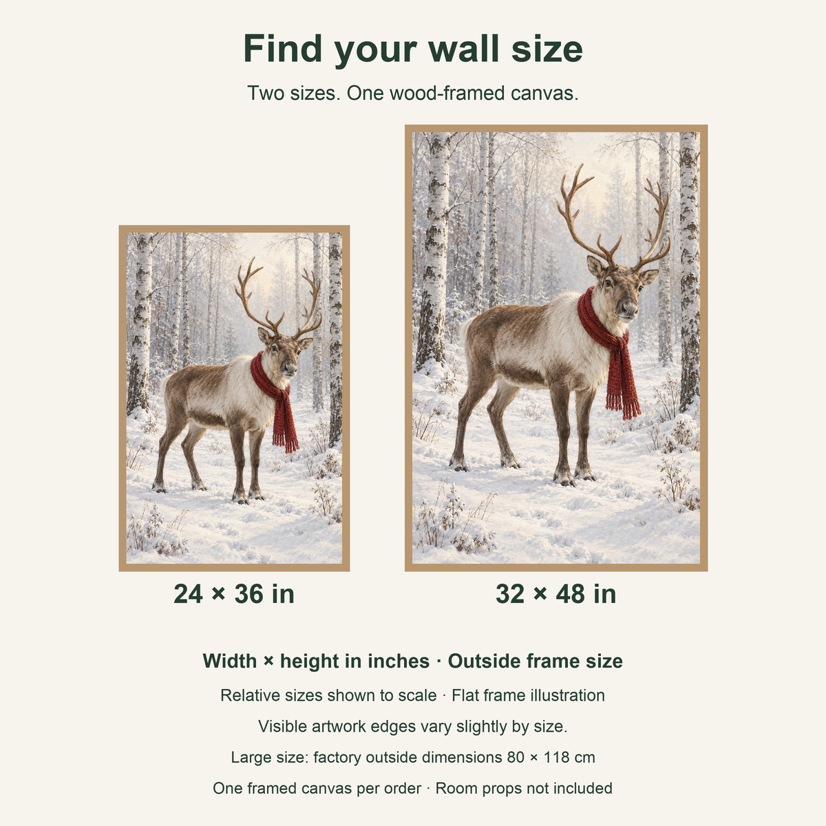 A Red Scarf in the White Woods — Light Wood Framed Christmas Canvas Wall Art — artwork size comparison, width × height in inches — Image 8
