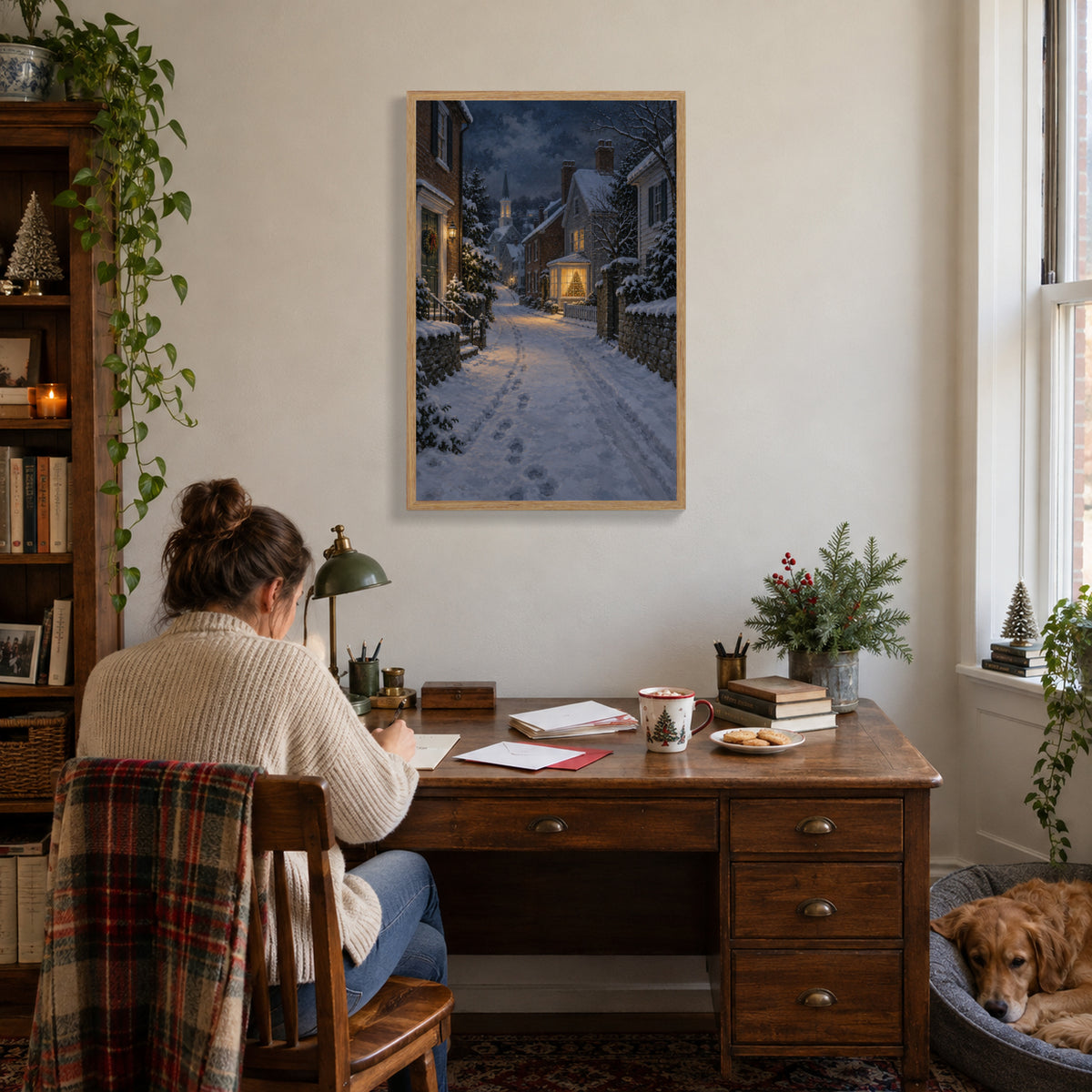 The Last Window of Christmas Eve — Light Wood Framed Christmas Canvas Wall Art — Writing Christmas cards at the desk — Image 1