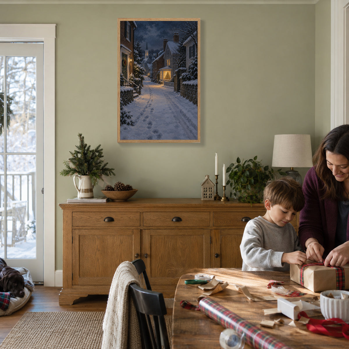 The Last Window of Christmas Eve — Light Wood Framed Christmas Canvas Wall Art — Wrapping a final Christmas present — Image 3