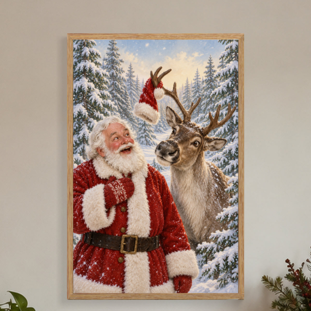 How Did My Hat Get Up There? — Light Wood Framed Christmas Canvas Wall Art — Complete Santa and reindeer framed canvas in a holiday reading corner — Image 1