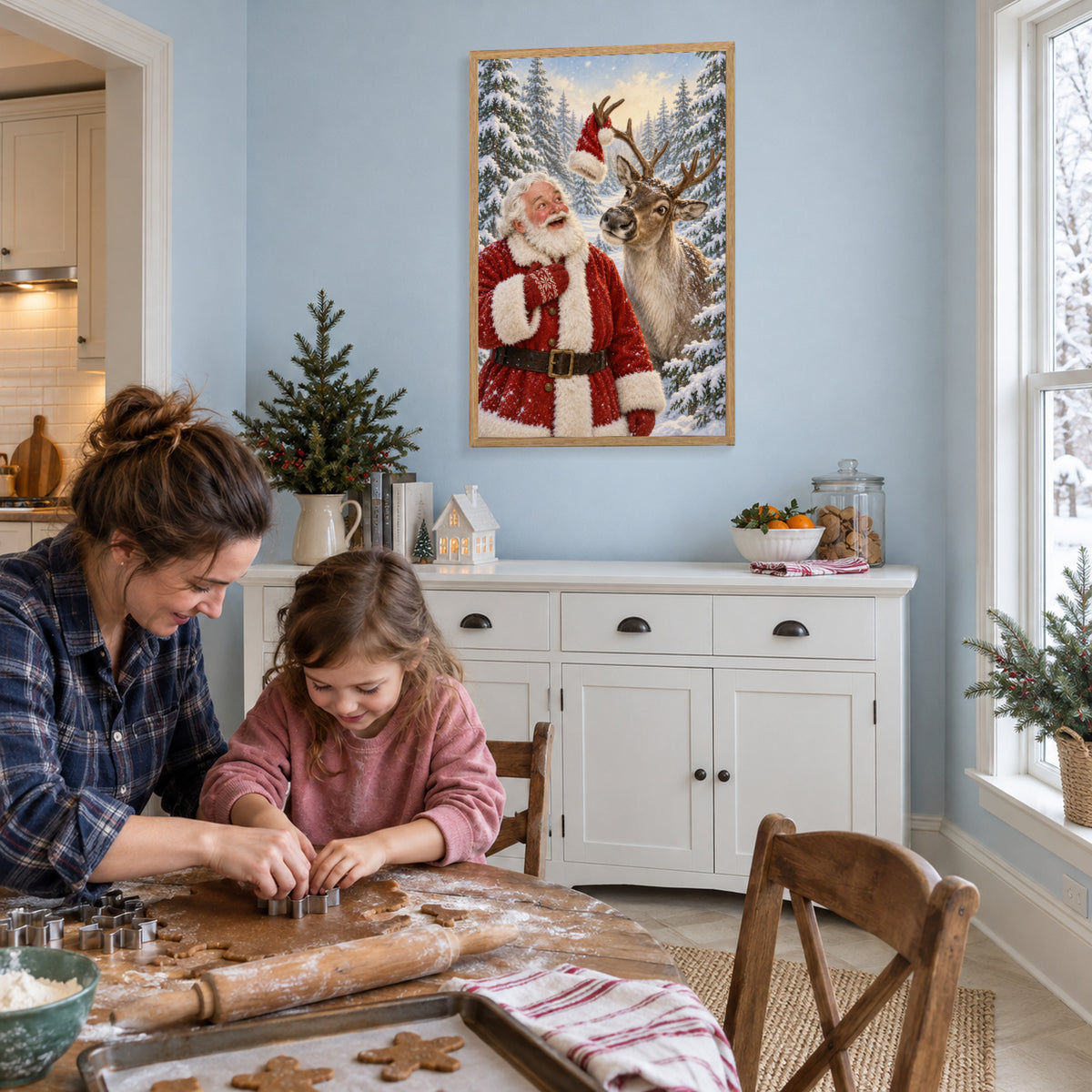 How Did My Hat Get Up There? — Light Wood Framed Christmas Canvas Wall Art — Making gingerbread together — Image 3