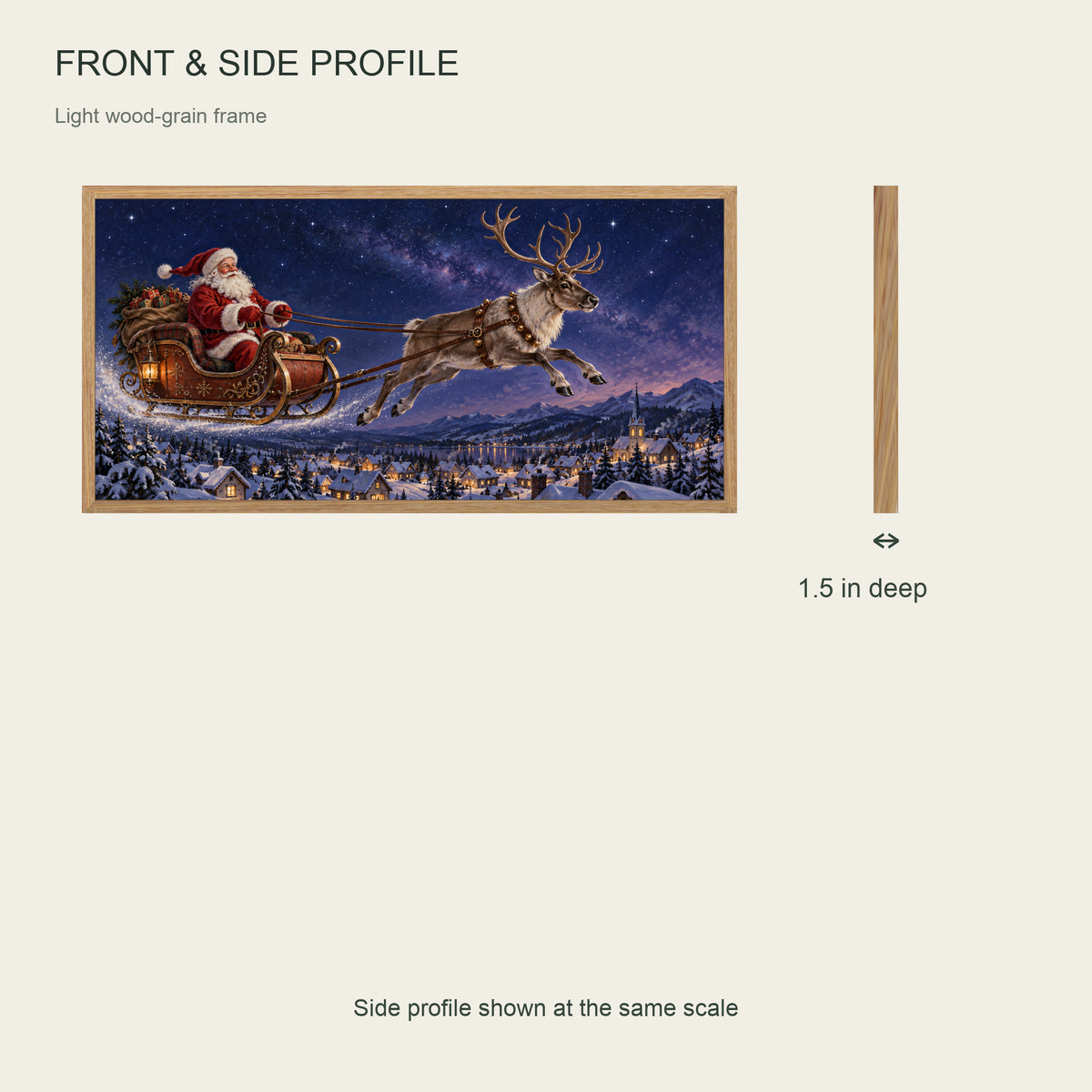 Across the Stars Tonight — Light Wood Framed Christmas Canvas Wall Art — Front and side profile showing 1.5-inch depth — Image 6