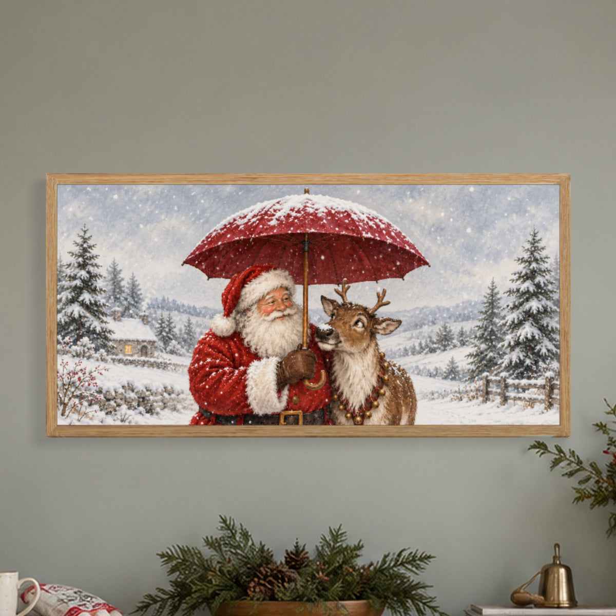 Together Through the Snow — Light Wood Framed Christmas Canvas Wall Art — Complete Santa and reindeer under a red umbrella framed canvas — Image 1
