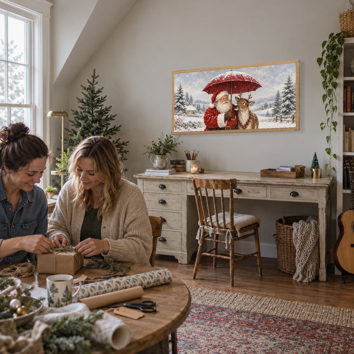 Together Through the Snow — Light Wood Framed Christmas Canvas Wall Art — Wrapping the final Christmas presents — Image 3