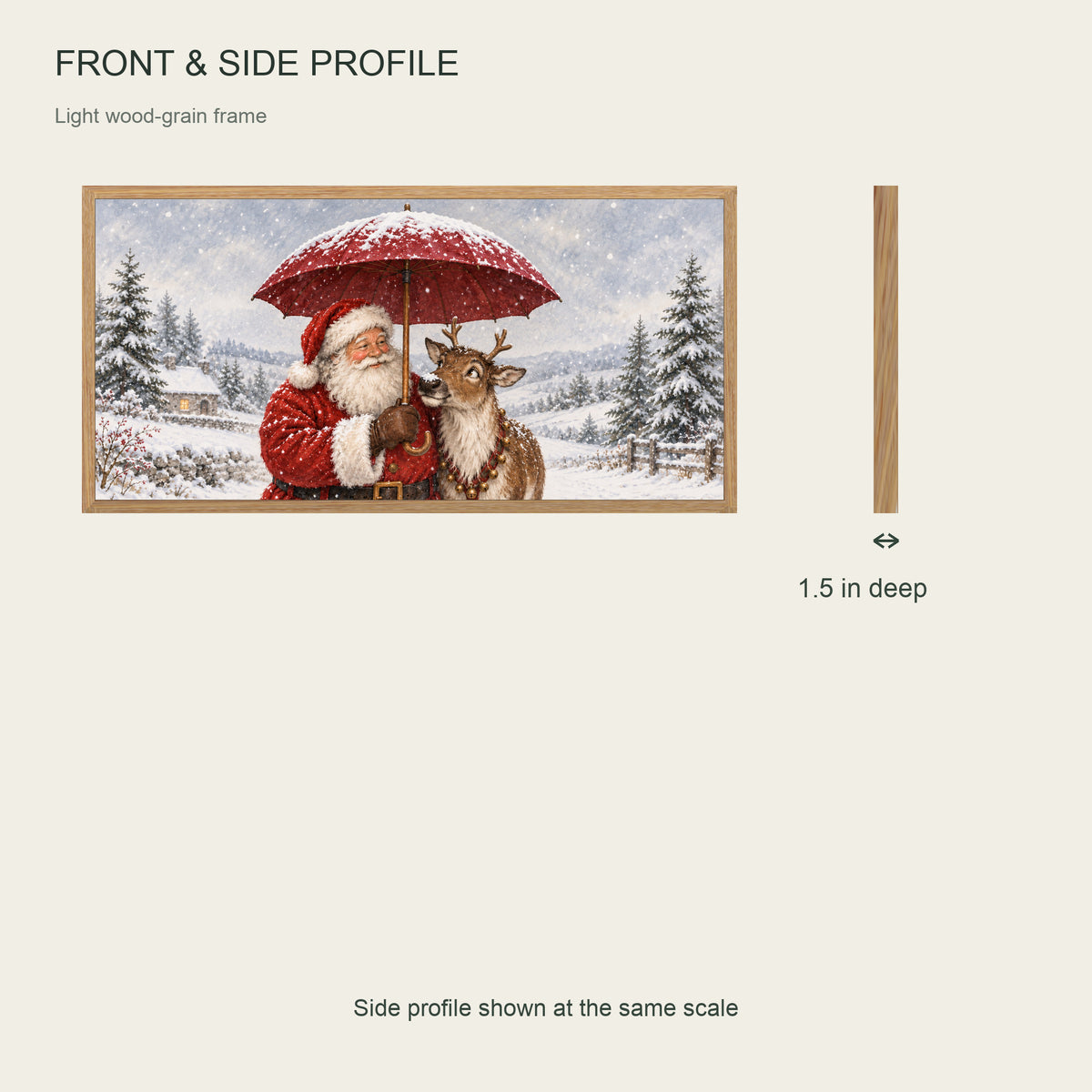 Together Through the Snow — Light Wood Framed Christmas Canvas Wall Art — Front and side profile showing 1.5-inch depth — Image 6