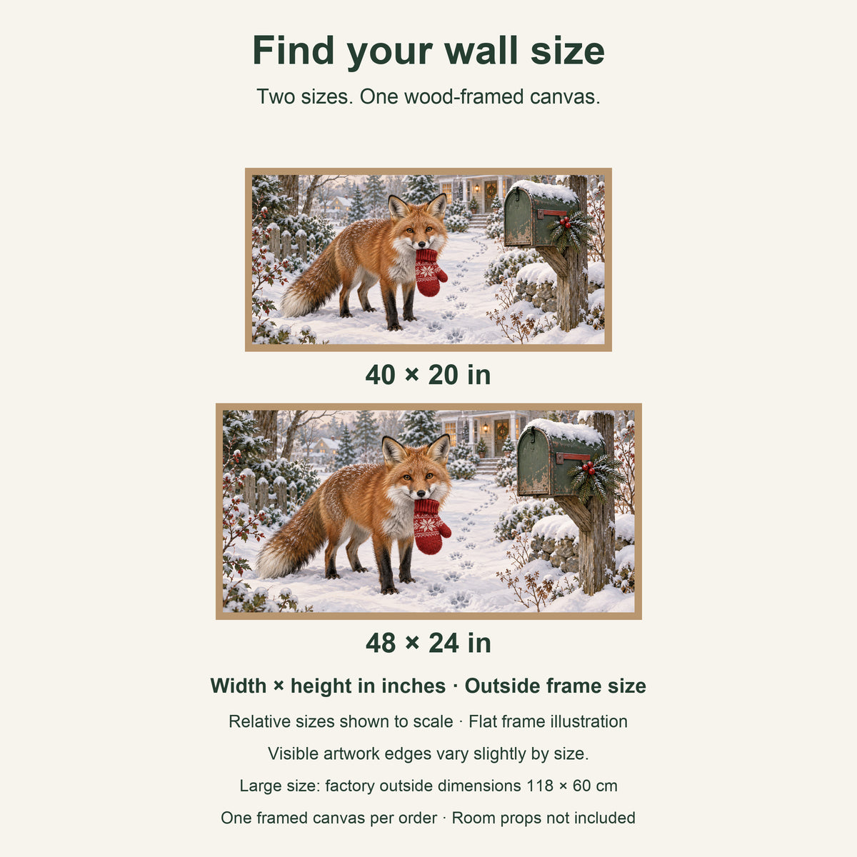 The Little Christmas Postman — Light Wood Framed Christmas Canvas Wall Art — artwork size comparison, width × height in inches — Image 9