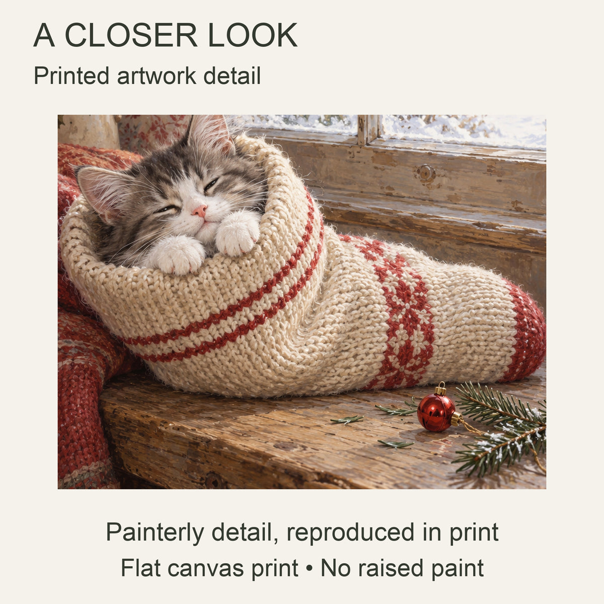 A New Guest in the Stocking — Light Wood Framed Christmas Canvas Wall Art — Printed artwork detail — Image 4