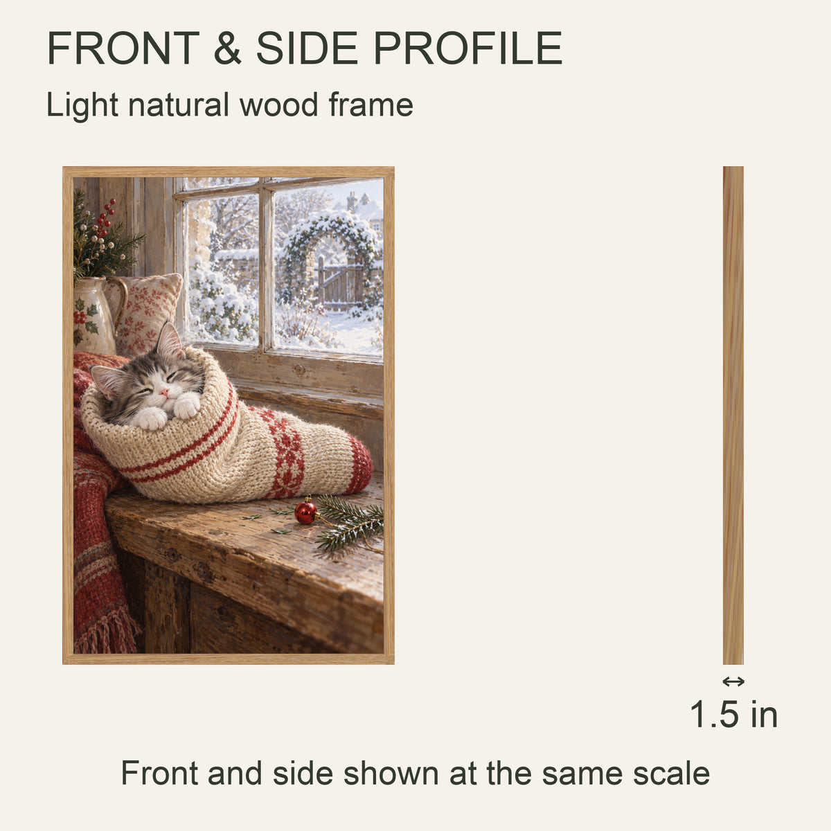 A New Guest in the Stocking — Light Wood Framed Christmas Canvas Wall Art — Front and side profile — Image 5