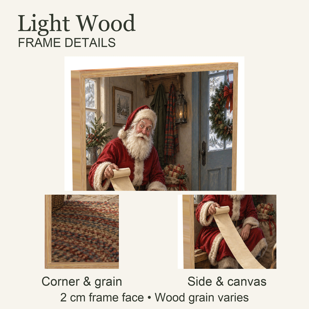 Where Did the List Go? — Light Wood Framed Christmas Canvas Wall Art — Light natural wood frame corner and grain — Image 6