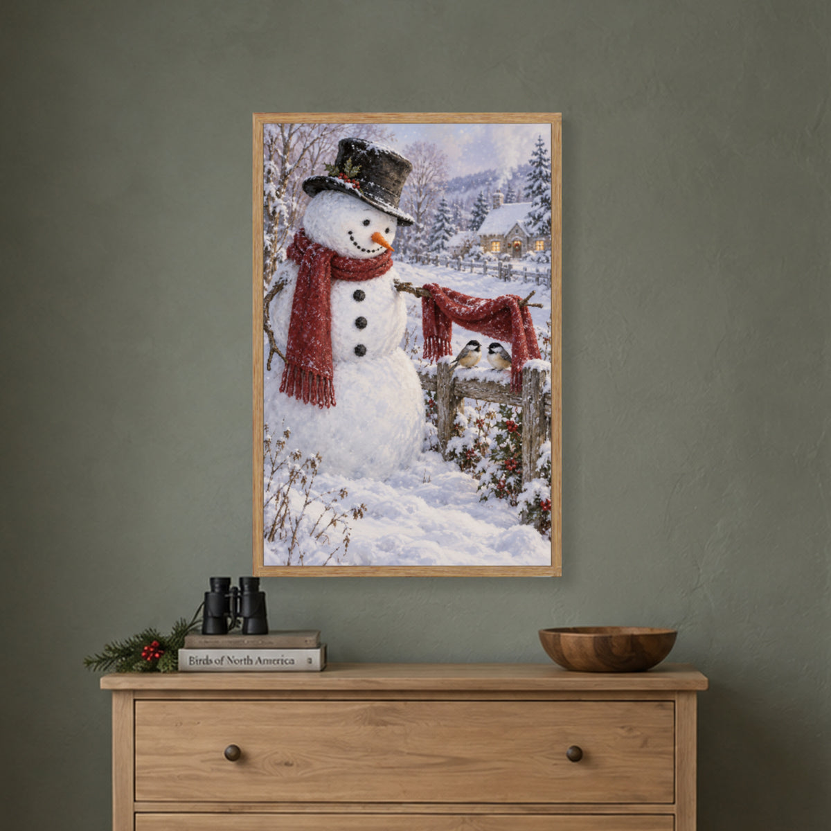 A Christmas Shelter for Little Birds — Light Wood Framed Christmas Canvas Wall Art — Complete light wood framed canvas in a holiday interior — Image 1