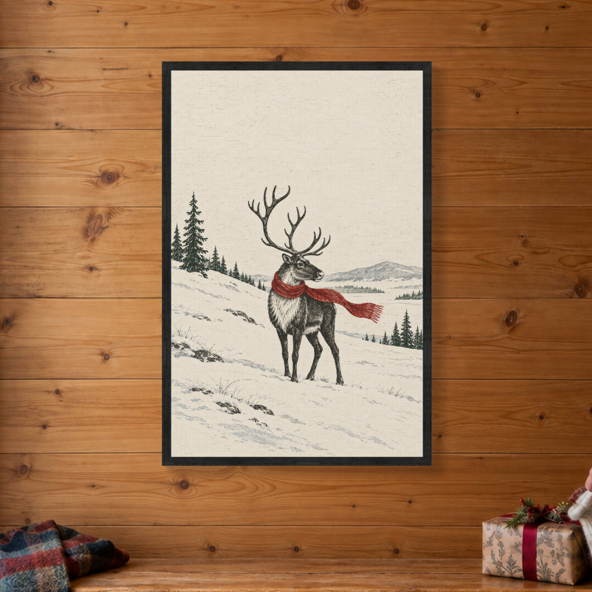 A Red Scarf in the Snow — Black Wood Framed Christmas Canvas Wall Art — Christmas room featuring the complete artwork — Image 1