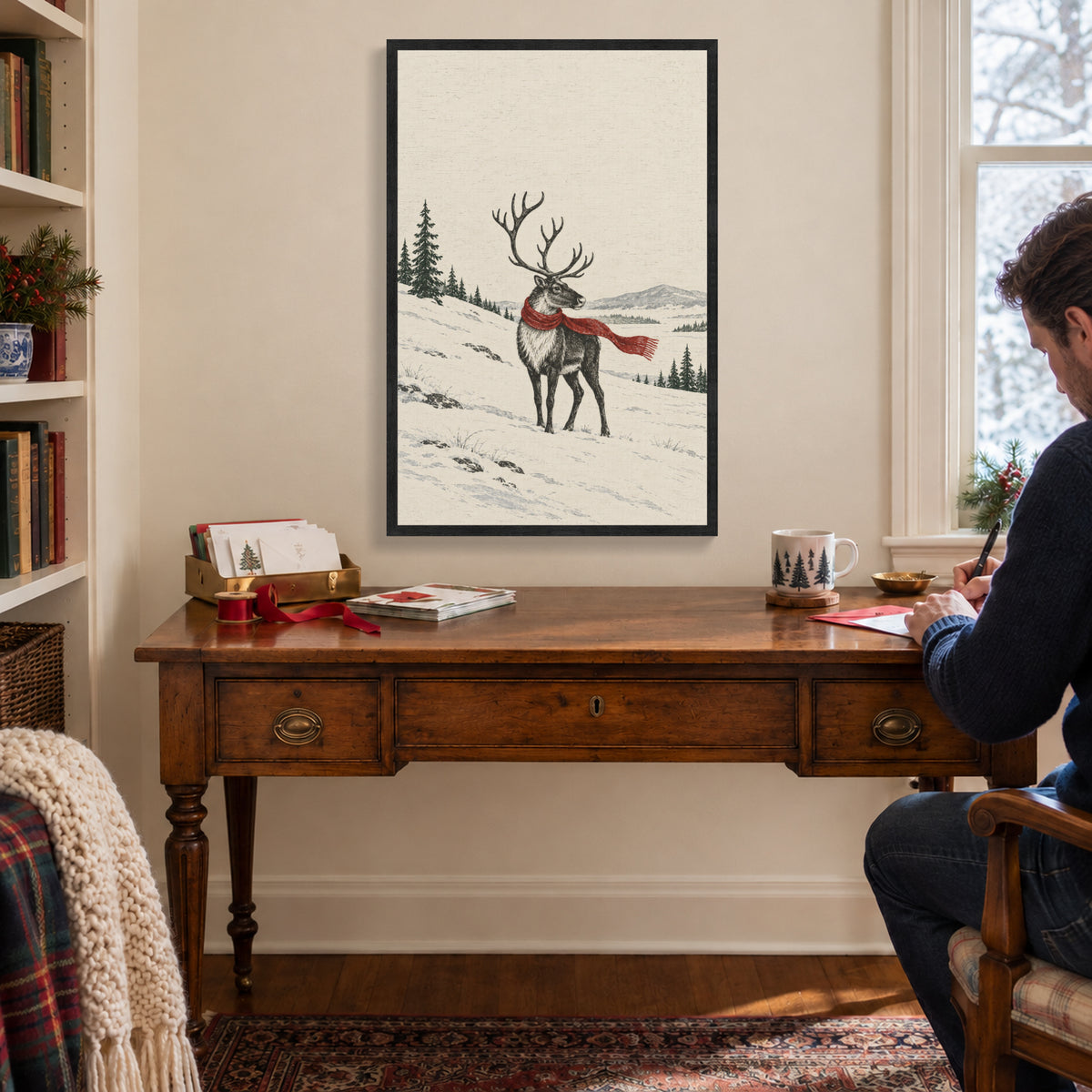 A Red Scarf in the Snow — Black Wood Framed Christmas Canvas Wall Art — Another holiday living space with the artwork — Image 3