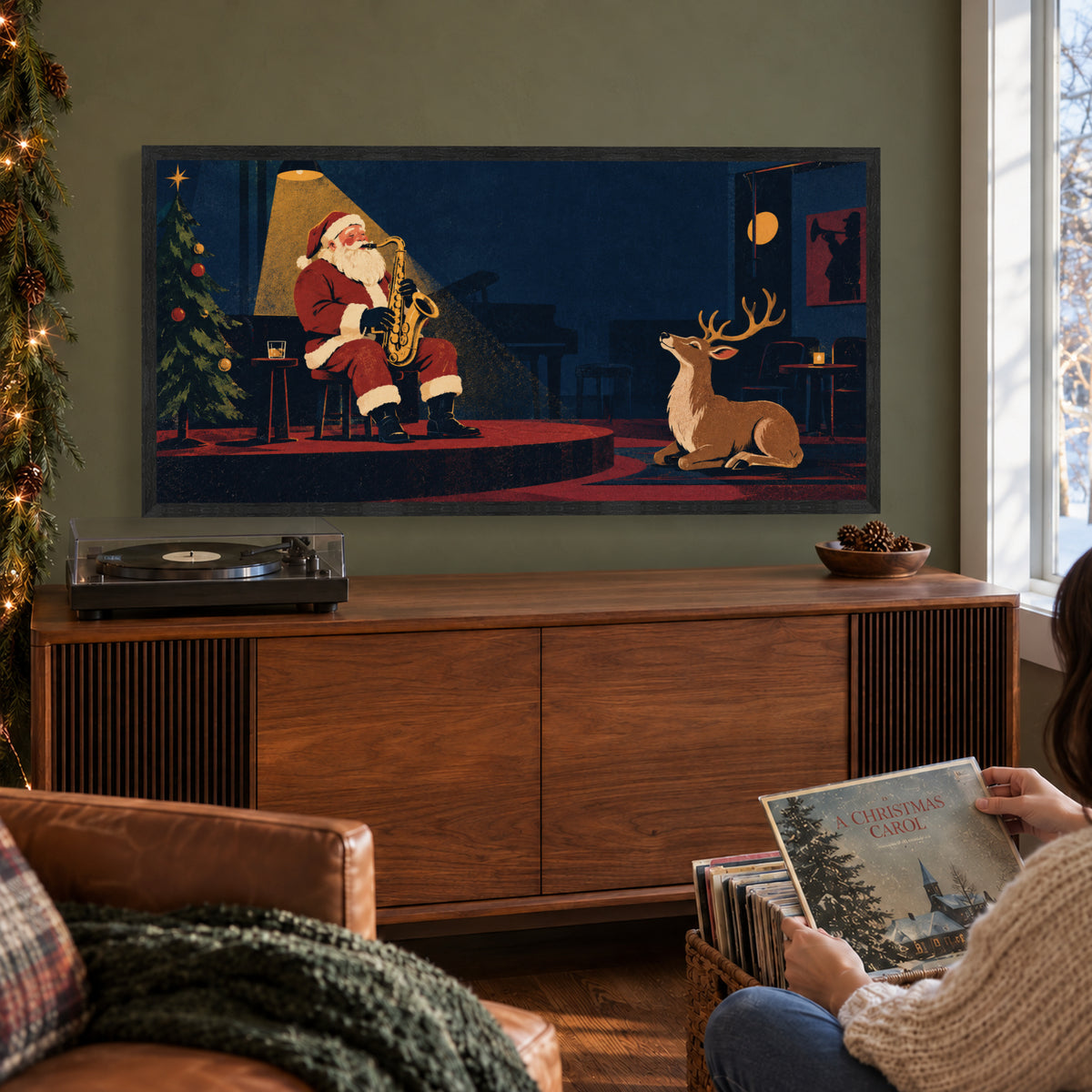 Midnight Christmas Jazz — Black Wood Framed Christmas Canvas Wall Art — Christmas room featuring the complete artwork — Image 1