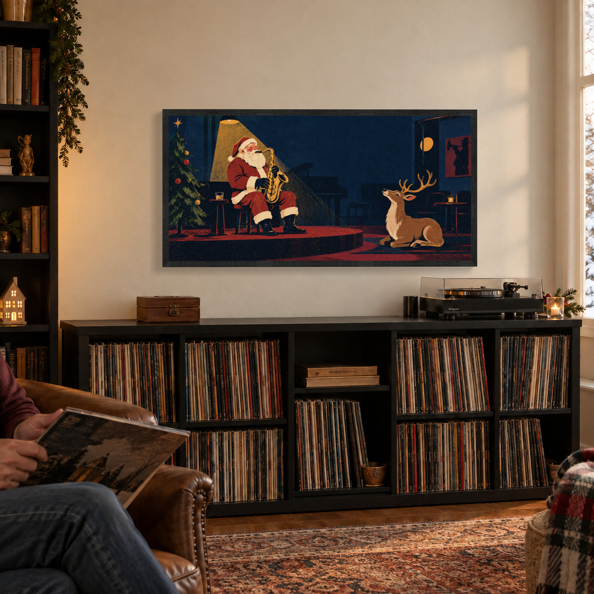 Midnight Christmas Jazz — Black Wood Framed Christmas Canvas Wall Art — Another holiday living space with the artwork — Image 3