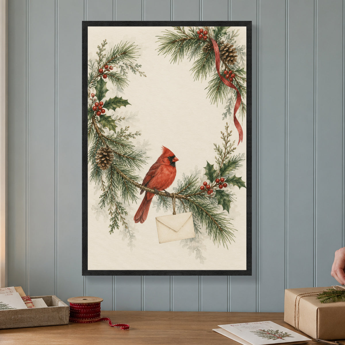 A Winter Letter on the Pine Branch — Black Wood Framed Christmas Canvas Wall Art — Christmas room featuring the complete artwork — Image 1