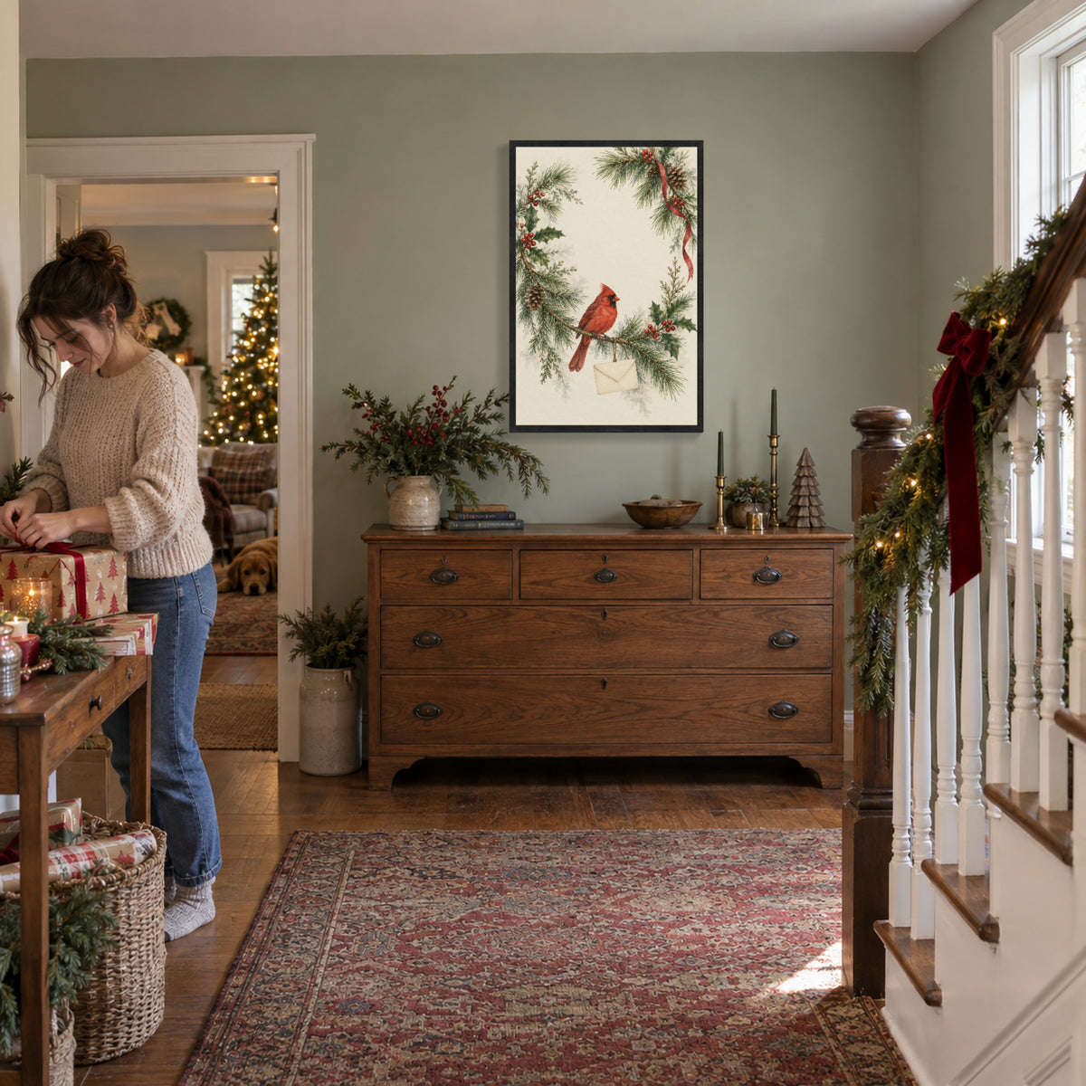 A Winter Letter on the Pine Branch — Black Wood Framed Christmas Canvas Wall Art — Holiday activity with the artwork on the wall — Image 2