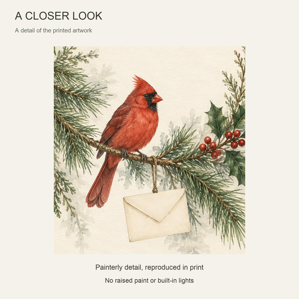 A Winter Letter on the Pine Branch — Black Wood Framed Christmas Canvas Wall Art — Close-up of printed artwork — Image 4