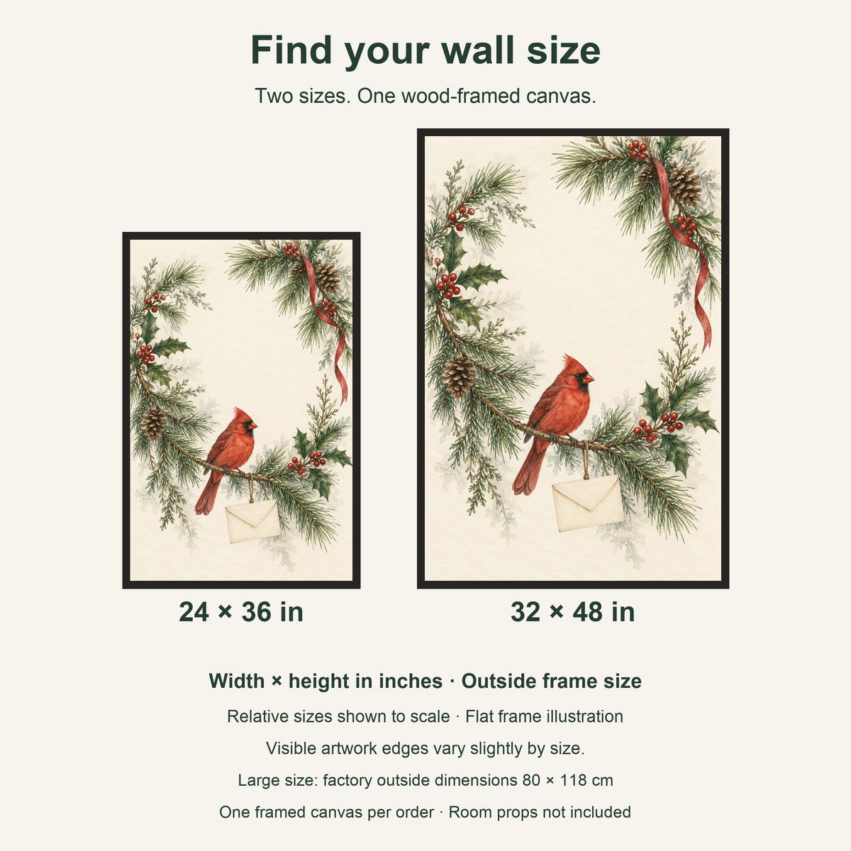 A Winter Letter on the Pine Branch — Black Wood Framed Christmas Canvas Wall Art — artwork size comparison, width × height in inches — Image 8