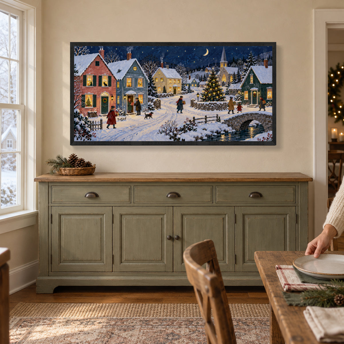 The Whole Town Is Still Awake — Black Wood Framed Christmas Canvas Wall Art — Christmas room featuring the complete artwork — Image 1