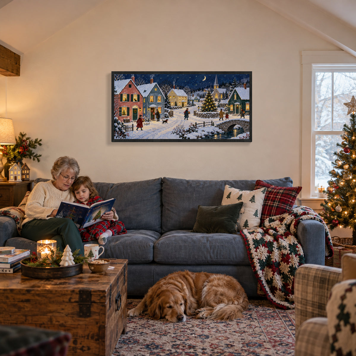 The Whole Town Is Still Awake — Black Wood Framed Christmas Canvas Wall Art — Another holiday living space with the artwork — Image 3