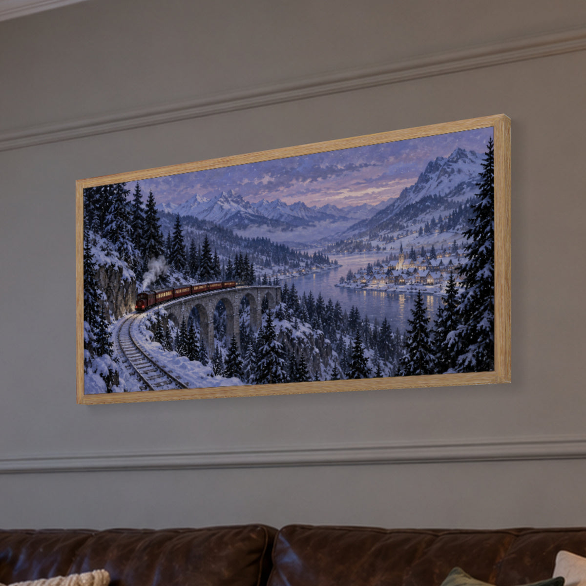 The Last Christmas Train — Light Wood Framed Christmas Canvas Wall Art — Atmospheric framed artwork close view — Image 1