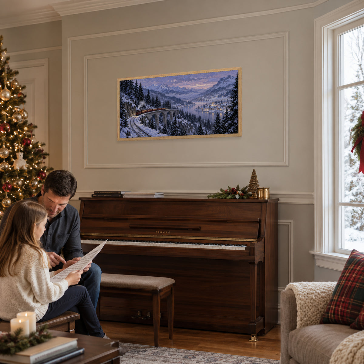 The Last Christmas Train — Light Wood Framed Christmas Canvas Wall Art — Christmas preparation room setting — Image 3