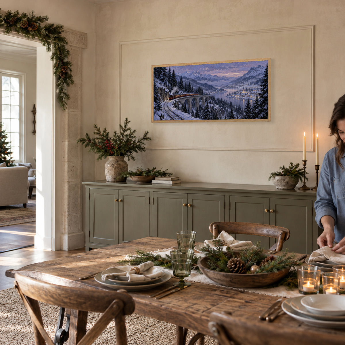 The Last Christmas Train — Light Wood Framed Christmas Canvas Wall Art — Winter home setting — Image 4